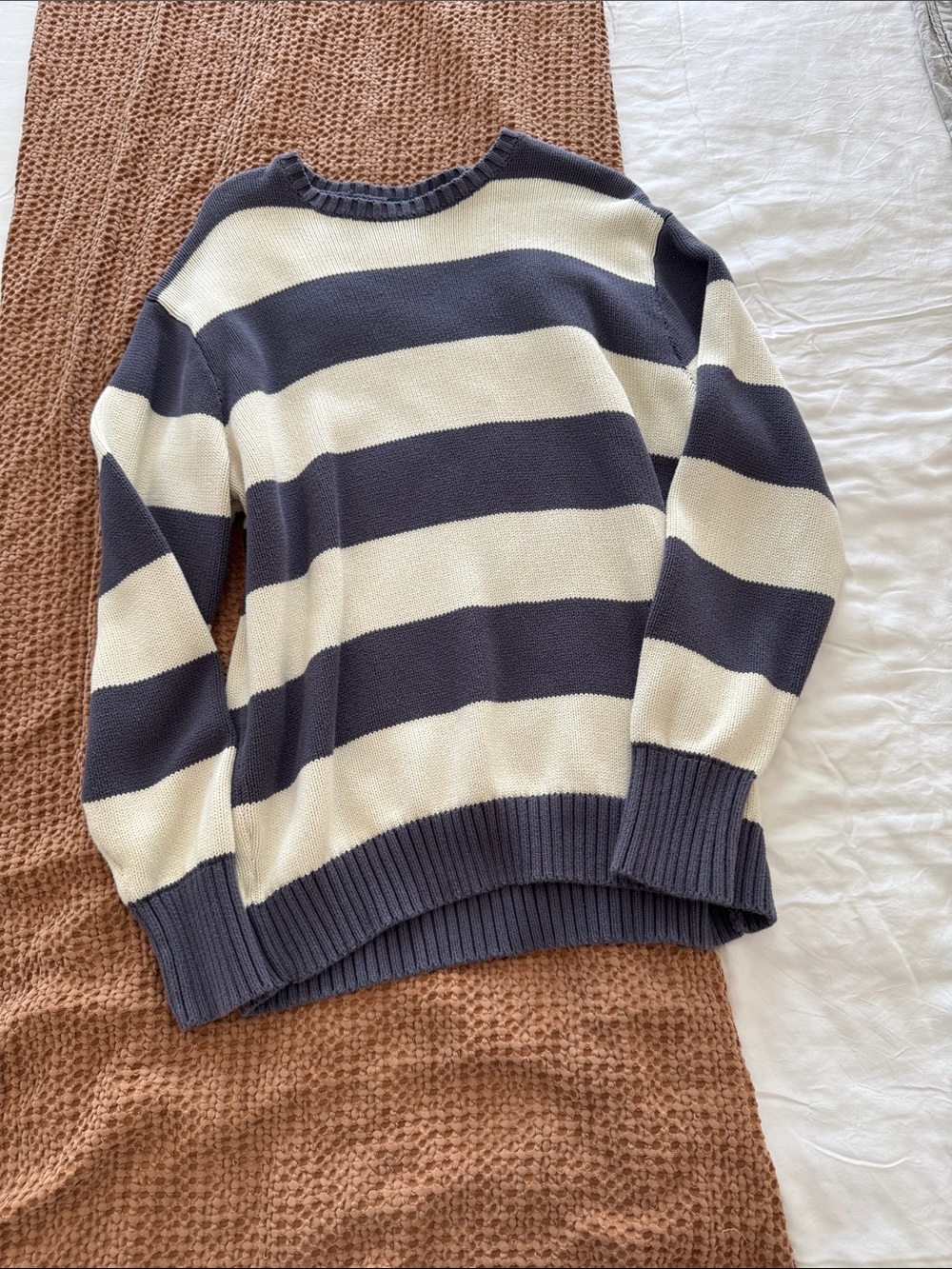 Brandy Melville Navy and Cream Striped Crewneck Sweater